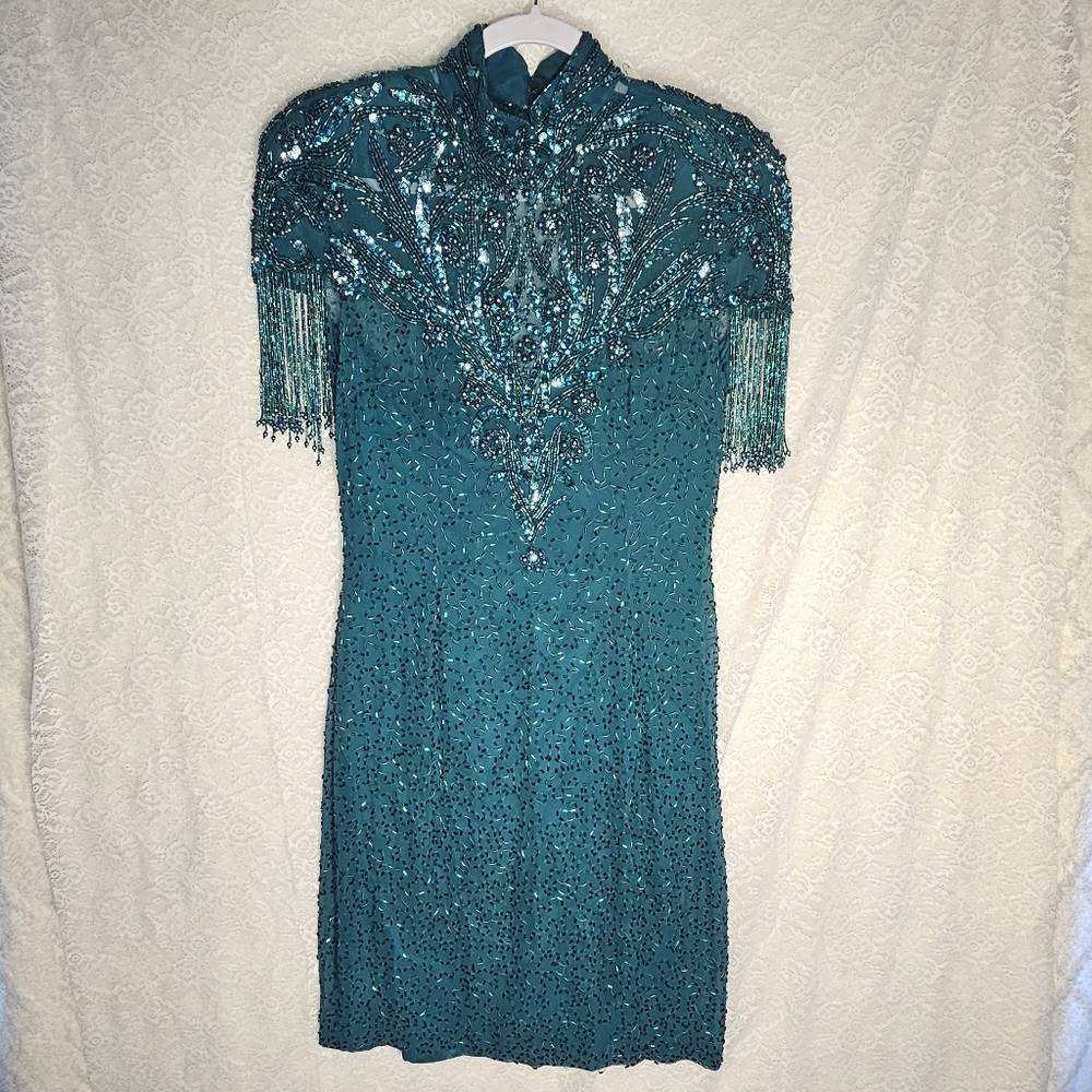 Niteline * 90s Prom Dress * Size 8 * Sequin Beaded * Green * Vintage * BOHO